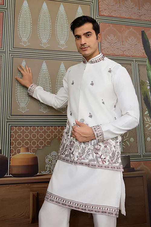 Latest Embroidered Designer White Koti Kurta Set for Mens Clothsvilla