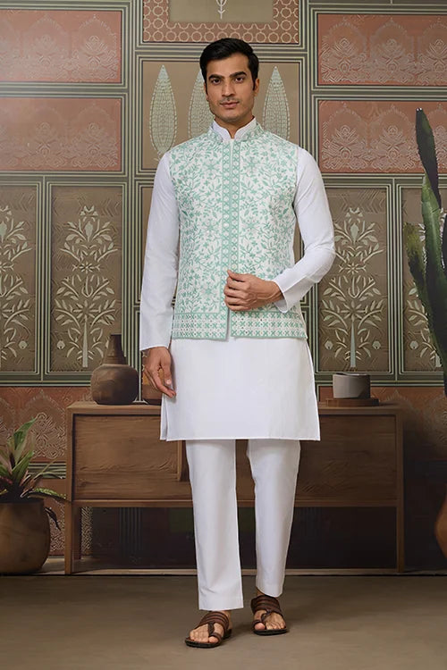 Wedding White Kurta Pajama with Green Koti Style Clothsvilla
