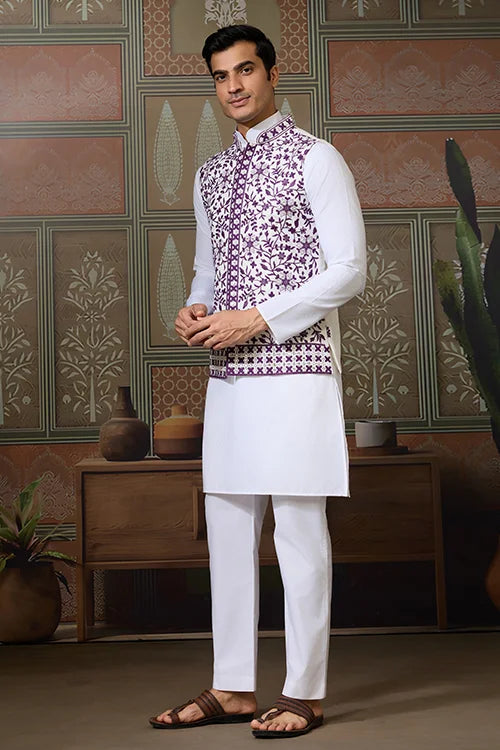 Classic White Mens Kurta Pajama with Stylish Purple Koti Clothsvilla