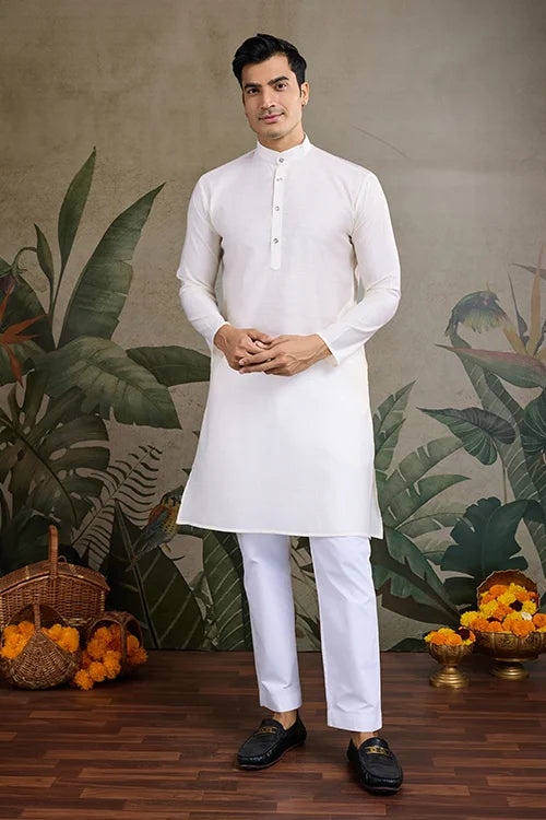 White Roman Silk Kurta with Jacquard Koti Jacket Clothsvilla