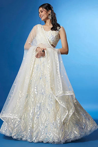 White Soft Net Bollywood Sequins Lehenga Set Online Clothsvilla