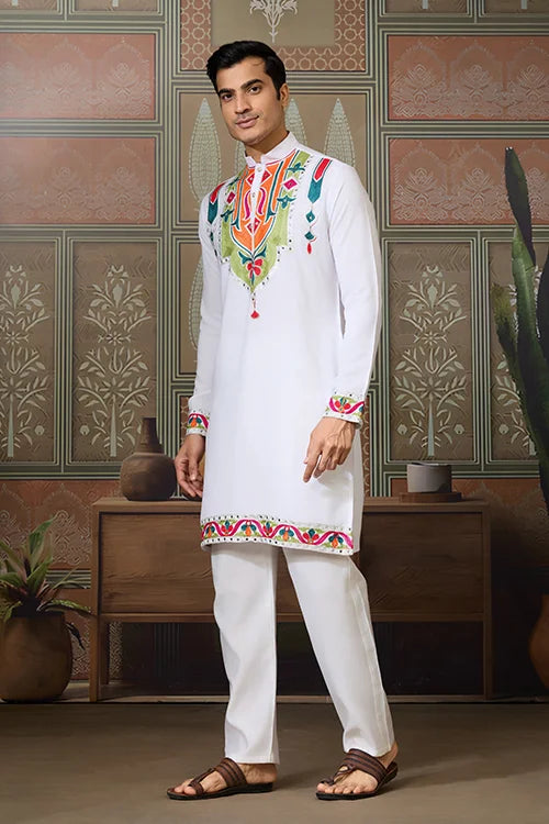 White Traditional Designer Festival Wear Kurta for Men Clothsvilla