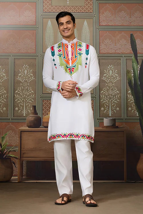 White Traditional Designer Festival Wear Kurta for Men Clothsvilla