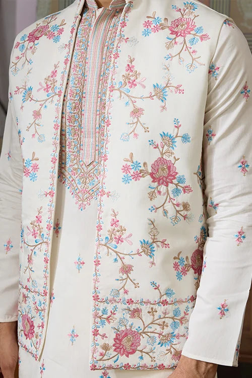 Ethnic White Embroidered Koti Kurta Set for Men Clothsvilla