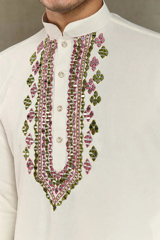 Wedding Special White Mirror Work Kurta with Dupatta for Men Clothsvilla