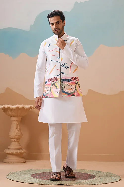 White Wedding Wear Carnival Koti Kurta Pair for Mens Wear Clothsvilla