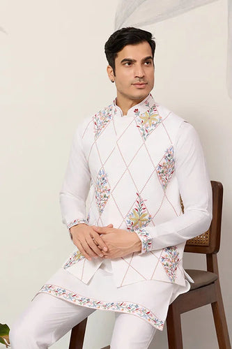 Elegant Wedding Special White Koti Kurta Pajama Set Clothsvilla