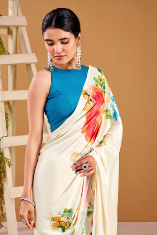White Elegant Floral Print Satin Silk Saree with Plain Banglory Blouse Piece ClothsVilla