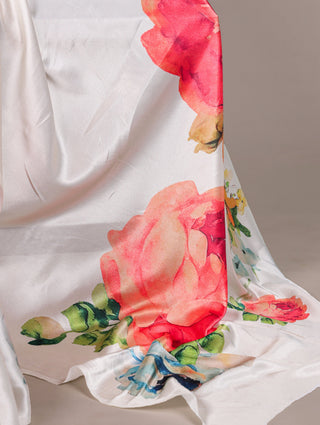 White Elegant Floral Print Satin Silk Saree with Plain Banglory Blouse Piece ClothsVilla