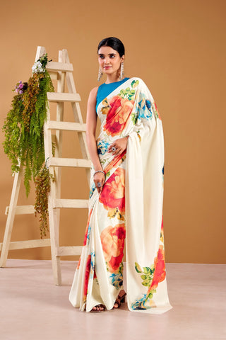 White Elegant Floral Print Satin Silk Saree with Plain Banglory Blouse Piece ClothsVilla