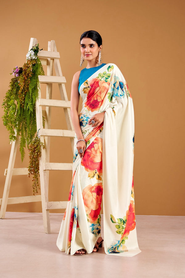 White Elegant Floral Print Satin Silk Saree with Plain Banglory Blouse Piece ClothsVilla