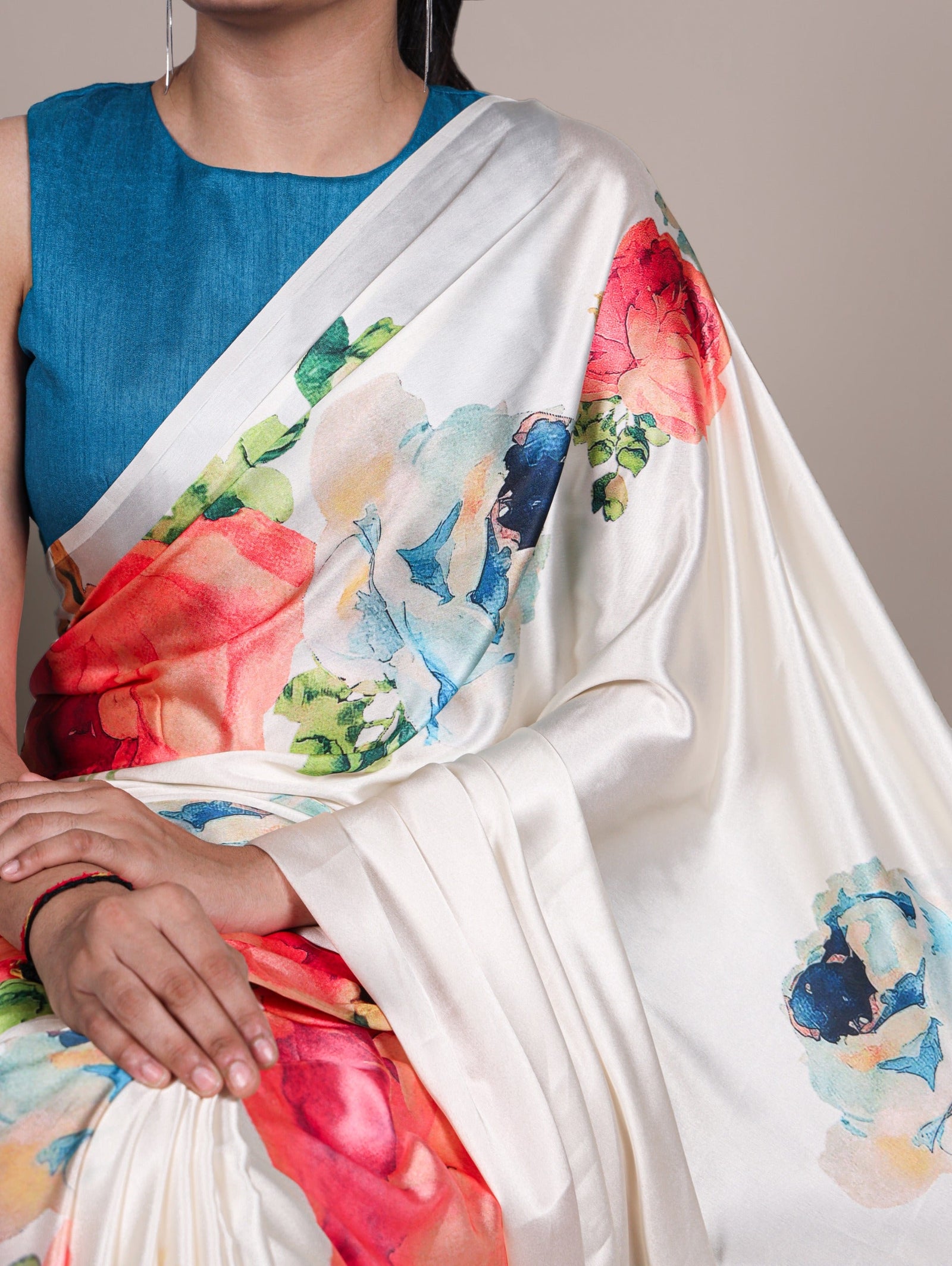 White Elegant Floral Print Satin Silk Saree with Plain Banglory Blouse Piece ClothsVilla