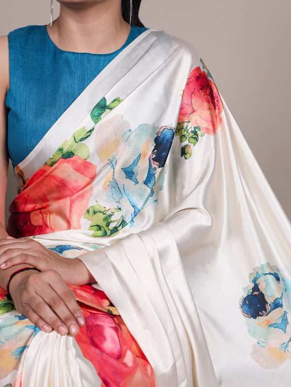 White Elegant Floral Print Satin Silk Saree with Plain Banglory Blouse Piece ClothsVilla