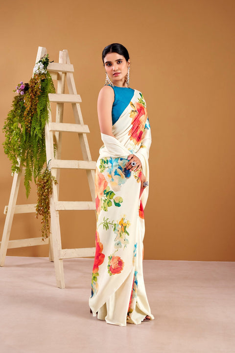 White Elegant Floral Print Satin Silk Saree with Plain Banglory Blouse Piece ClothsVilla Main image
