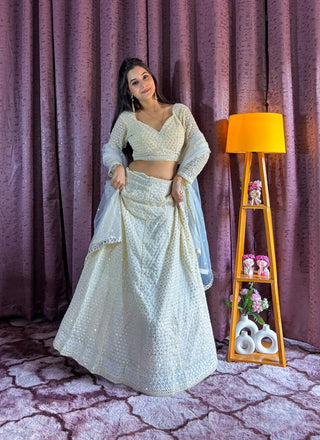 White Elegant Georgette Sequin & Thread Work Lehenga Set with Net Dupatta ClothsVilla
