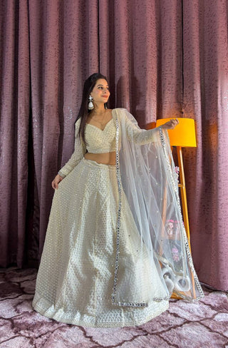 White Elegant Georgette Sequin & Thread Work Lehenga Set with Net Dupatta ClothsVilla