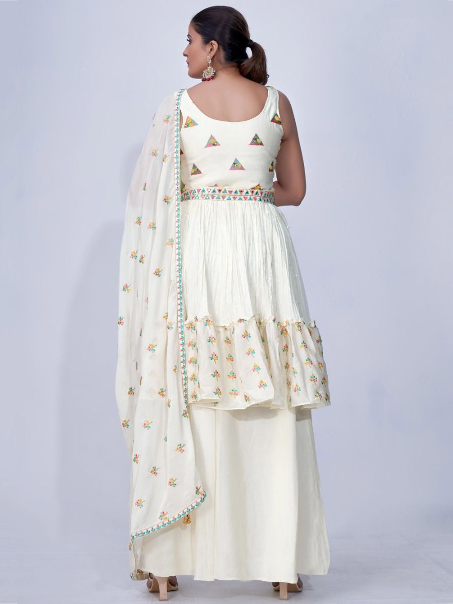 White Mirror Work Multi Embroidery Chiffon Palazzo Suit Clothsvilla