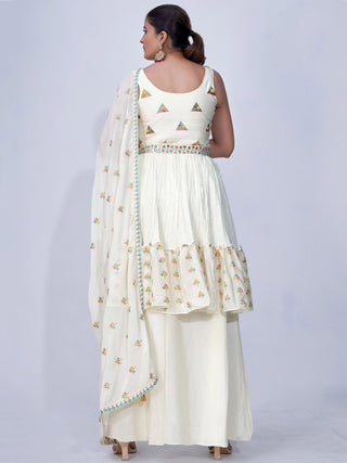 White Mirror Work Multi Embroidery Chiffon Palazzo Suit Clothsvilla