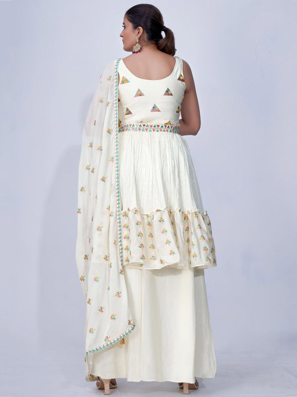 White Mirror Work Multi Embroidery Chiffon Palazzo Suit Clothsvilla