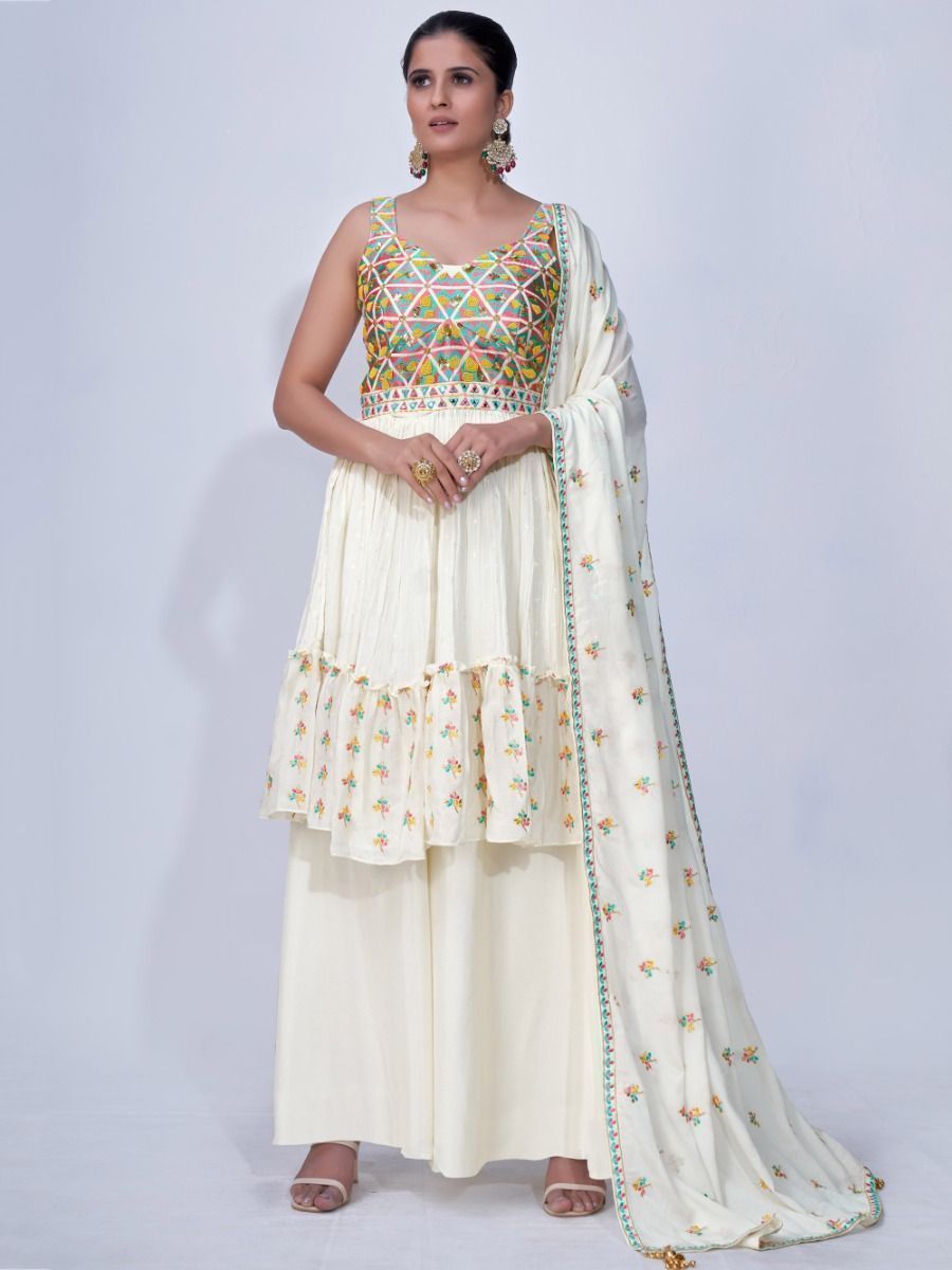 White Mirror Work Multi Embroidery Chiffon Palazzo Suit Clothsvilla