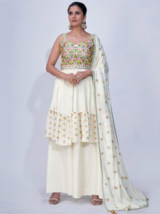 White Mirror Work Multi Embroidery Chiffon Palazzo Suit Clothsvilla