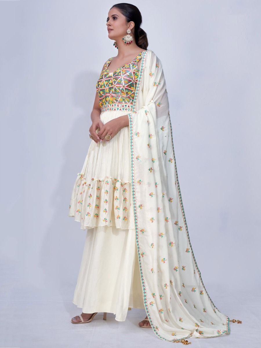 White Mirror Work Multi Embroidery Chiffon Palazzo Suit Clothsvilla