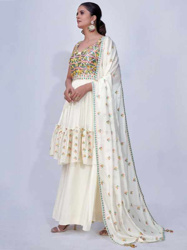 White Mirror Work Multi Embroidery Chiffon Palazzo Suit Clothsvilla
