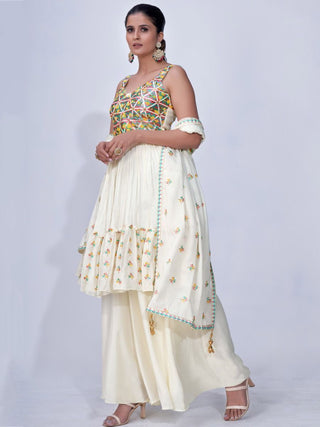 White Mirror Work Multi Embroidery Chiffon Palazzo Suit Clothsvilla