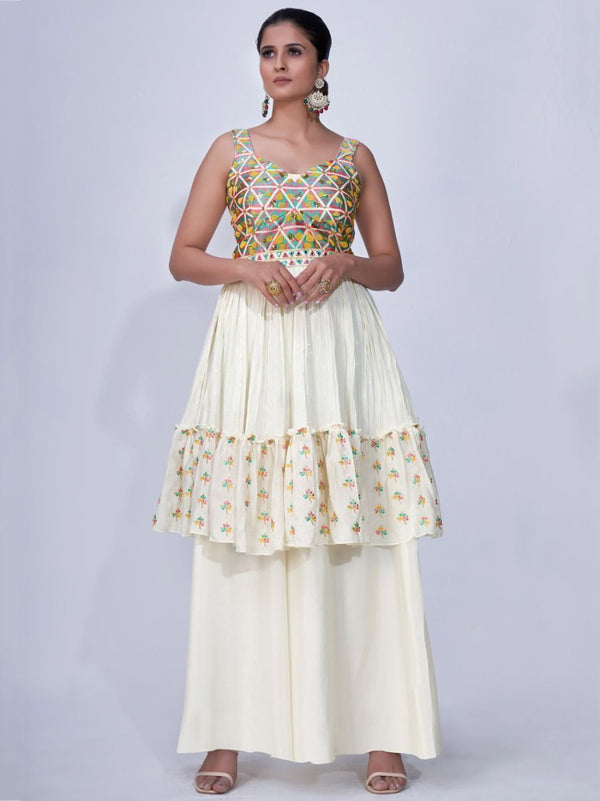 White Mirror Work Multi Embroidery Chiffon Palazzo Suit Clothsvilla