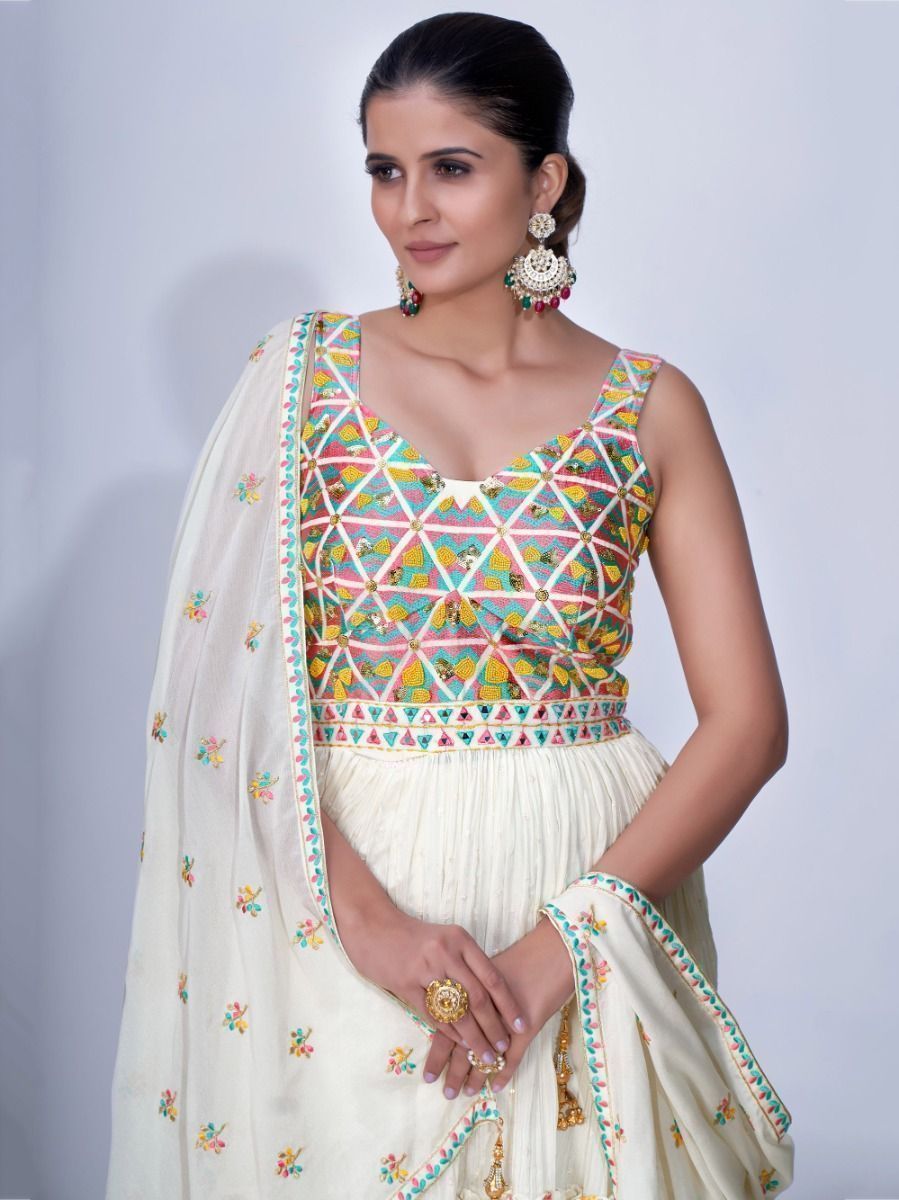 White Mirror Work Multi Embroidery Chiffon Palazzo Suit Clothsvilla