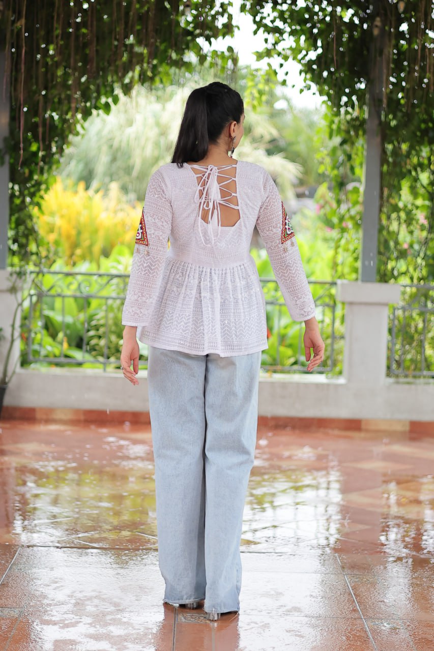 Navratri Special Georgette Schiffli Peplum Top with Kutchi Gamthi Patch Work ClothsVilla