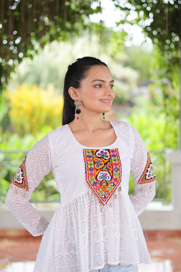 Navratri Special Georgette Schiffli Peplum Top with Kutchi Gamthi Patch Work ClothsVilla