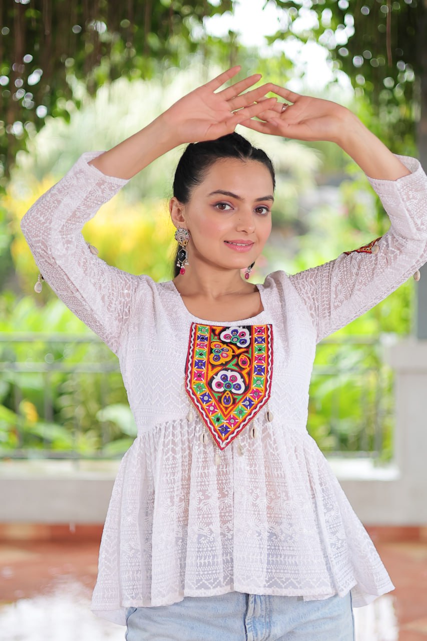 Navratri Special Georgette Schiffli Peplum Top with Kutchi Gamthi Patch Work ClothsVilla