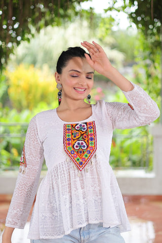 Navratri Special Georgette Schiffli Peplum Top with Kutchi Gamthi Patch Work ClothsVilla
