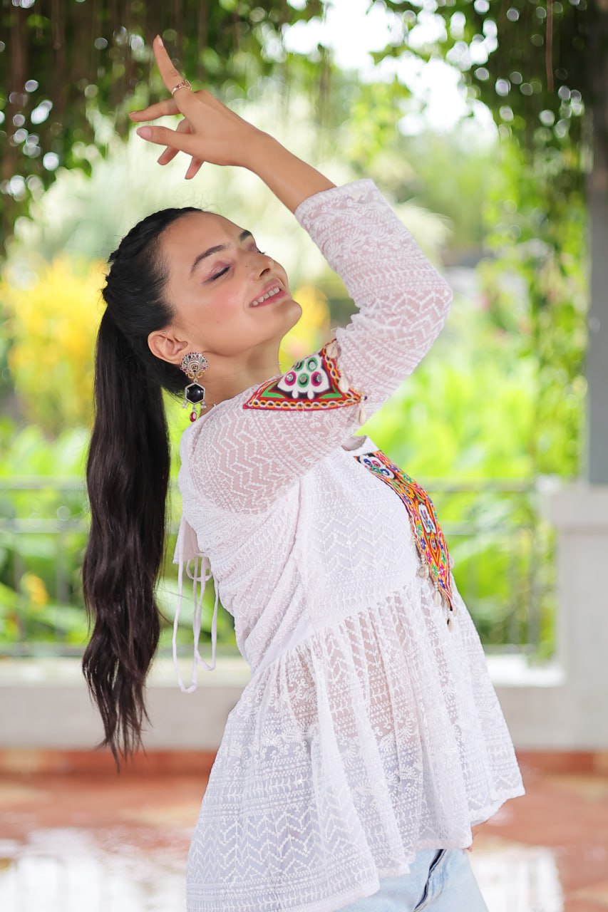 Navratri Special Georgette Schiffli Peplum Top with Kutchi Gamthi Patch Work ClothsVilla