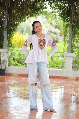 Navratri Special Georgette Schiffli Peplum Top with Kutchi Gamthi Patch Work ClothsVilla