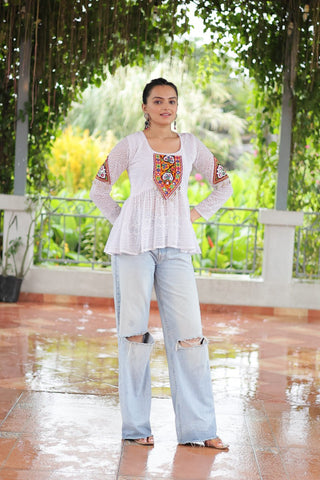 Navratri Special Georgette Schiffli Peplum Top with Kutchi Gamthi Patch Work ClothsVilla