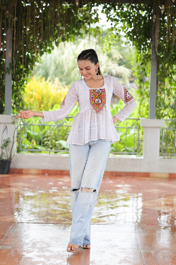 Navratri Special Georgette Schiffli Peplum Top with Kutchi Gamthi Patch Work ClothsVilla
