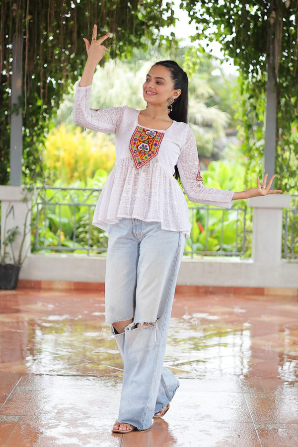 Navratri Special Georgette Schiffli Peplum Top with Kutchi Gamthi Patch Work ClothsVilla