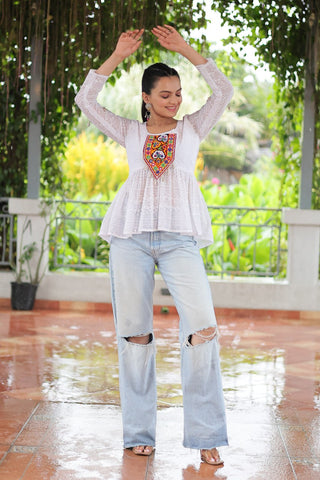 Navratri Special Georgette Schiffli Peplum Top with Kutchi Gamthi Patch Work ClothsVilla