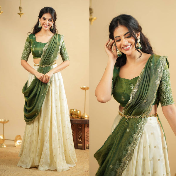 White Pure Crepe Silk Lehenga with Sequins & Zari Work and Shimmer Silk Green Dupatta ClothsVilla