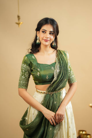 White Pure Crepe Silk Lehenga with Sequins & Zari Work and Shimmer Silk Green Dupatta ClothsVilla