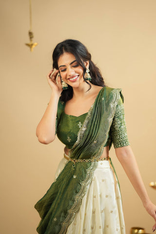White Pure Crepe Silk Lehenga with Sequins & Zari Work and Shimmer Silk Green Dupatta ClothsVilla