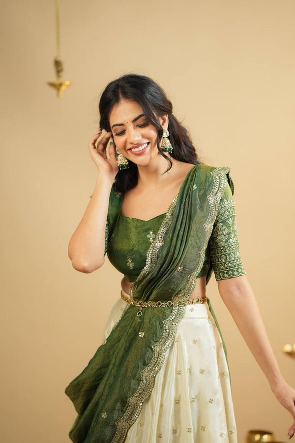 White Pure Crepe Silk Lehenga with Sequins & Zari Work and Shimmer Silk Green Dupatta ClothsVilla