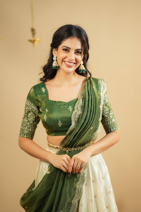 White Pure Crepe Silk Lehenga with Sequins & Zari Work and Shimmer Silk Green Dupatta ClothsVilla