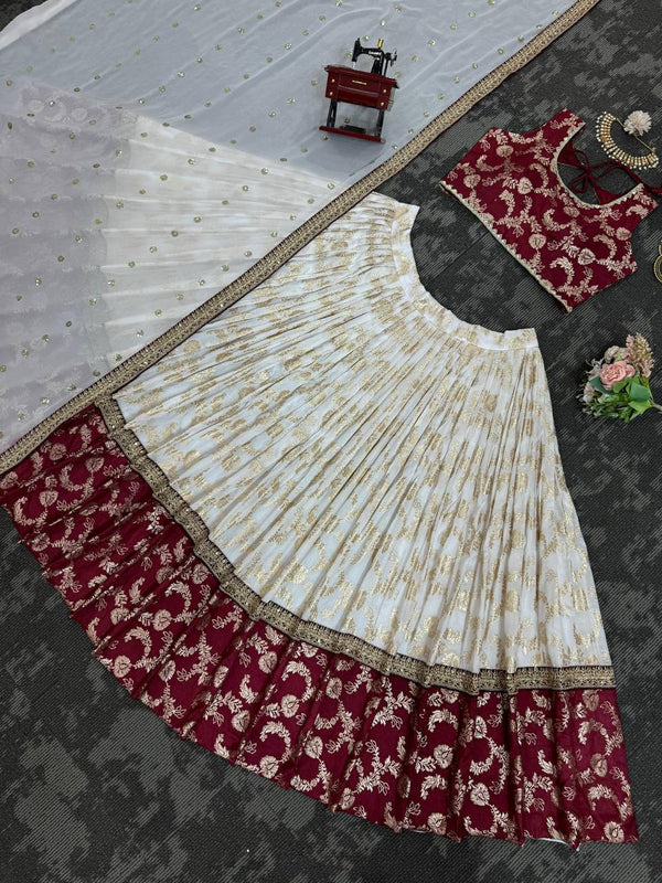 White & Maroon Glamorous Jequrd Semi-Stitched Lehenga Set with Sequins & Coding Work ClothsVilla