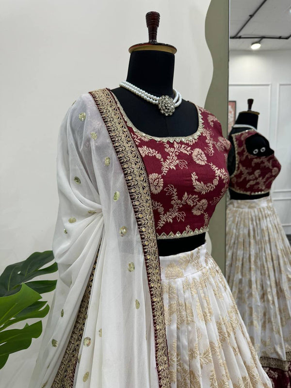 White & Maroon Glamorous Jequrd Semi-Stitched Lehenga Set with Sequins & Coding Work ClothsVilla