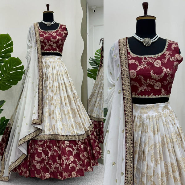 White & Maroon Glamorous Jequrd Semi-Stitched Lehenga Set with Sequins & Coding Work ClothsVilla