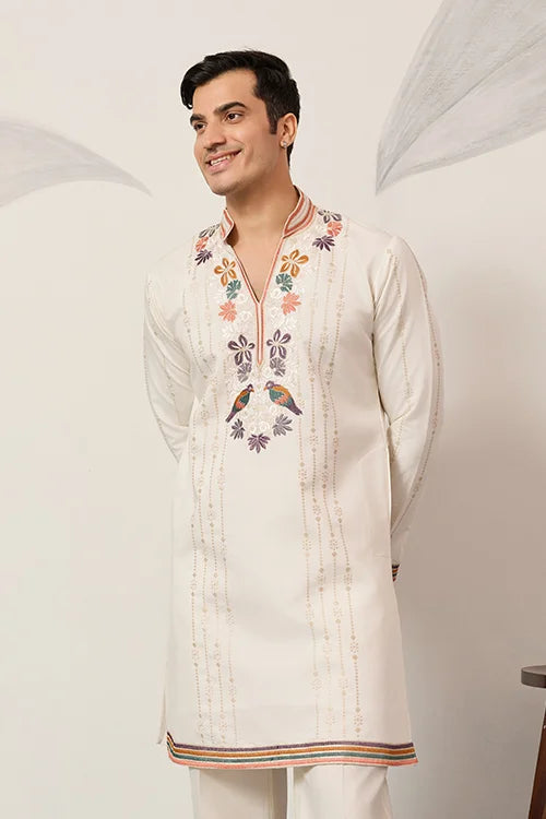 Luxury White V Neck Kurta Pant for Festive Wear Clothsvilla
