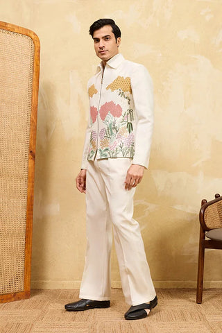 White Velvet Embroidered Bomber Jacket with Pant for Mens Wear Clothsvilla